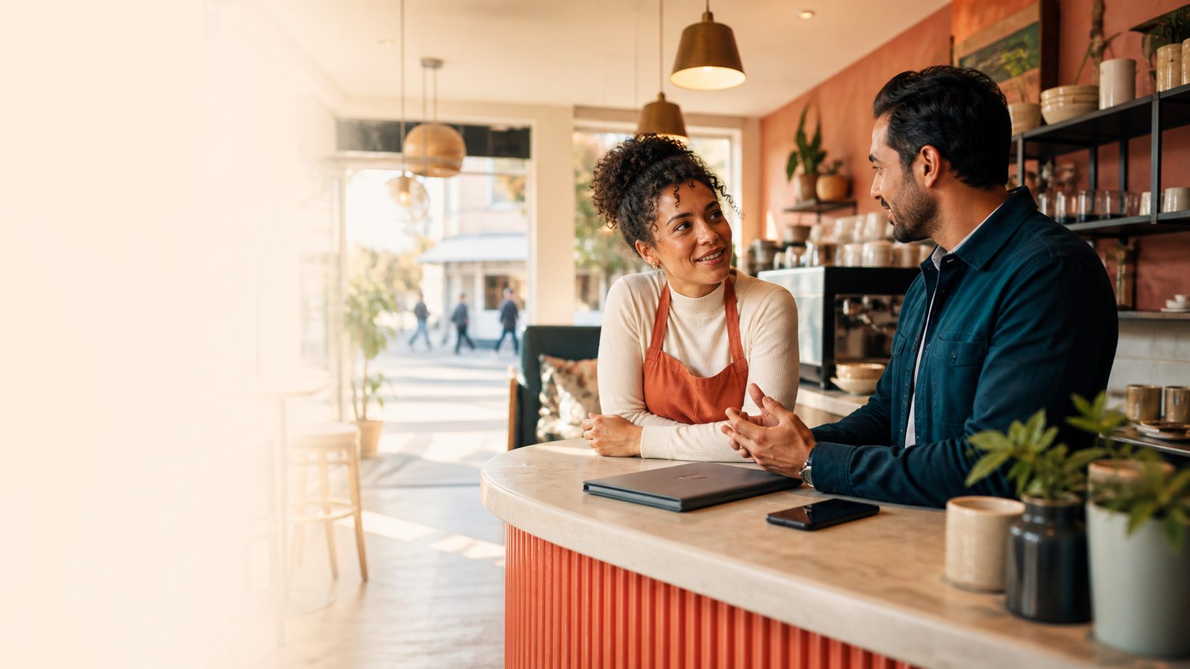 A small-business owner discussing operational services with an adviser in a warm café setting